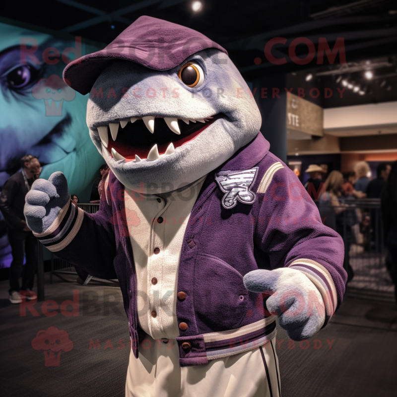 Purple Megalodon mascot costume character dressed with a Cardigan and Lapel pins
