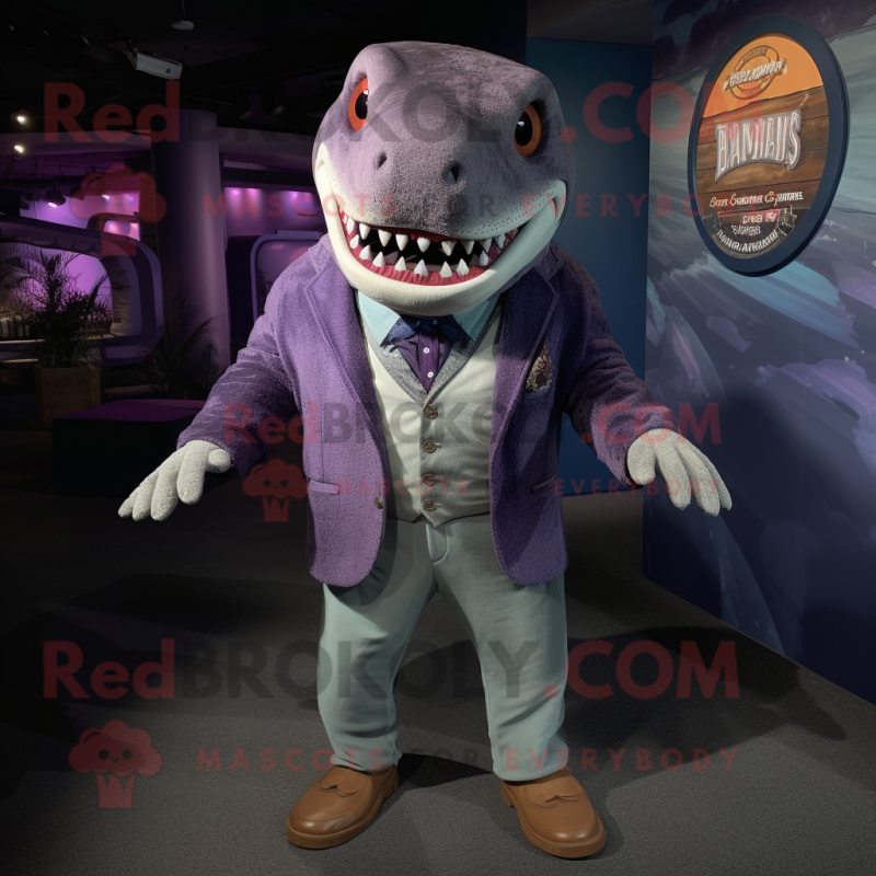 Purple Megalodon mascot costume character dressed with a Cardigan and Lapel pins