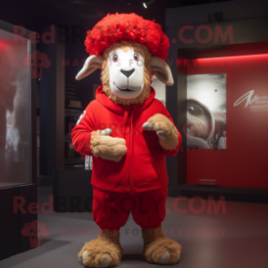 Red Merino Sheep mascot costume character dressed with a Windbreaker and Cummerbunds