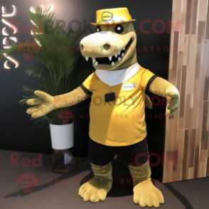 Gold Crocodile mascot costume character dressed with a Henley Tee and Tie pins