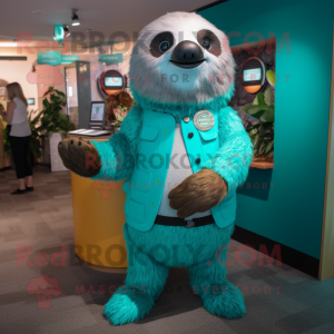 Teal Sloth mascot costume character dressed with a Bodysuit and Lapel pins