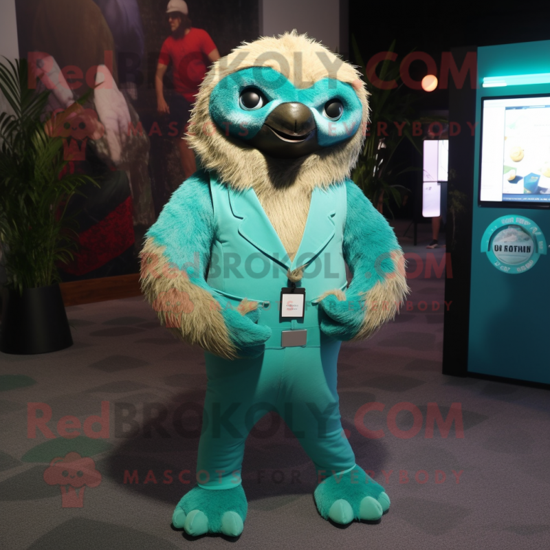 Teal Sloth mascot costume character dressed with a Bodysuit and Lapel pins