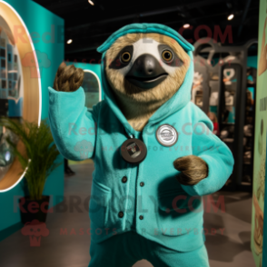 Teal Sloth mascot costume character dressed with a Bodysuit and Lapel pins