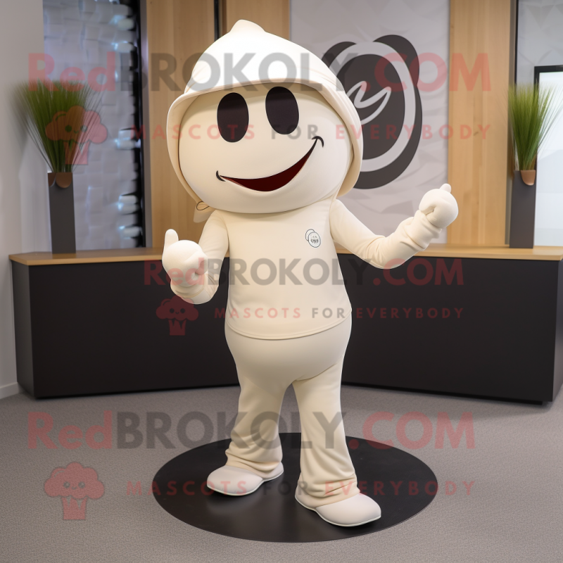 Cream Momentum mascot costume character dressed with a Yoga Pants and Hat pins