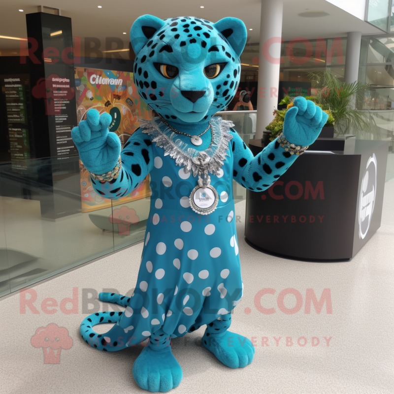 Cyan Jaguar mascot costume character dressed with a Maxi Dress and Bracelet watches