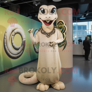 Cream Anaconda mascot costume character dressed with a Shift Dress and Rings