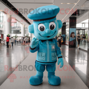 Cyan Soldier mascot costume character dressed with a T-Shirt and Berets