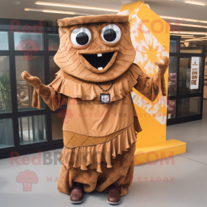 Brown Nachos mascot costume character dressed with a Maxi Dress and Belts