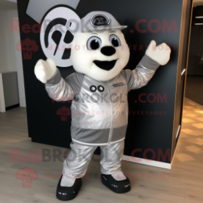 Silver Shakshuka mascot costume character dressed with a Moto Jacket and Mittens