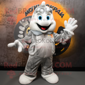 Silver Shakshuka mascot costume character dressed with a Moto Jacket and Mittens