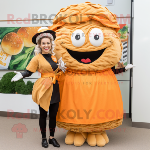 Orange Pulled Pork Sandwich mascot costume character dressed with a Wrap Dress and Berets