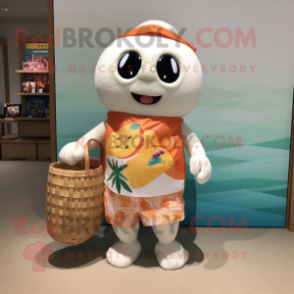 Peach Dim Sum mascot costume character dressed with a Board Shorts and Tote bags