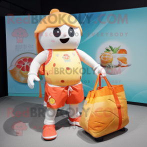 Peach Dim Sum mascot costume character dressed with a Board Shorts and Tote bags