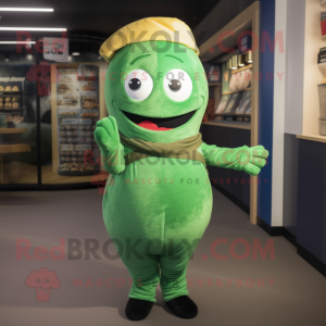 Green Sushi mascot costume character dressed with a Dungarees and Beanies