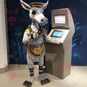 Silver Okapi mascot costume character dressed with a Capri Pants and Coin purses