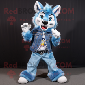 Sky Blue Say Wolf mascot costume character dressed with a Jeans and Hairpins