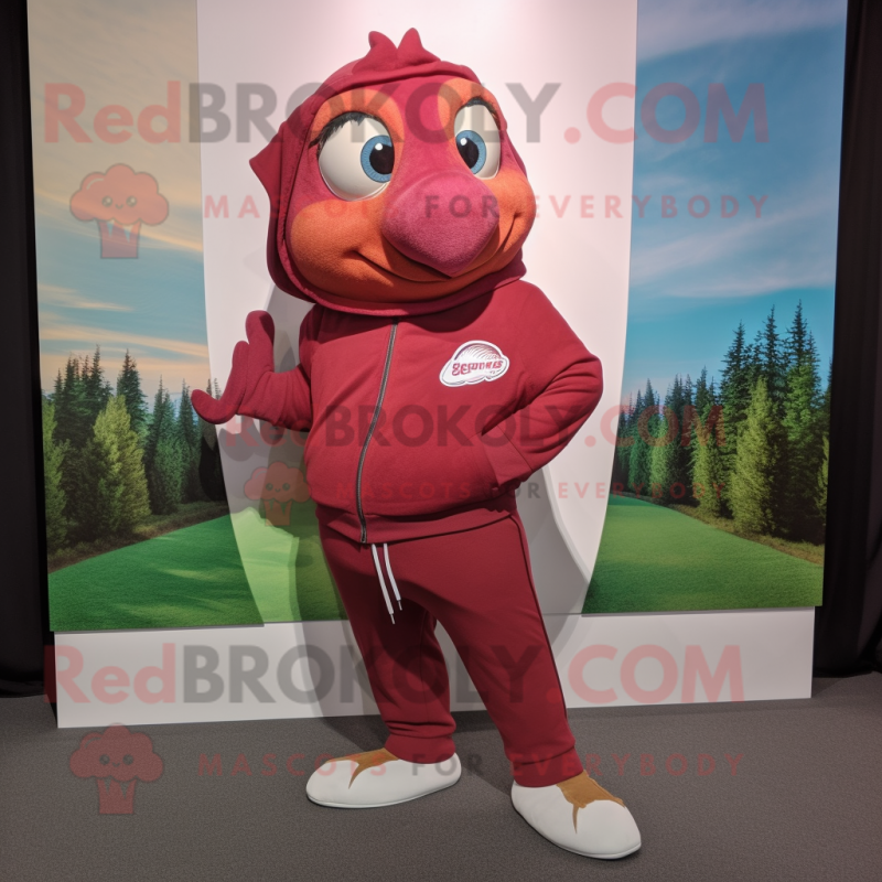 Maroon Salmon mascot costume character dressed with a Capri Pants and Tie  pins