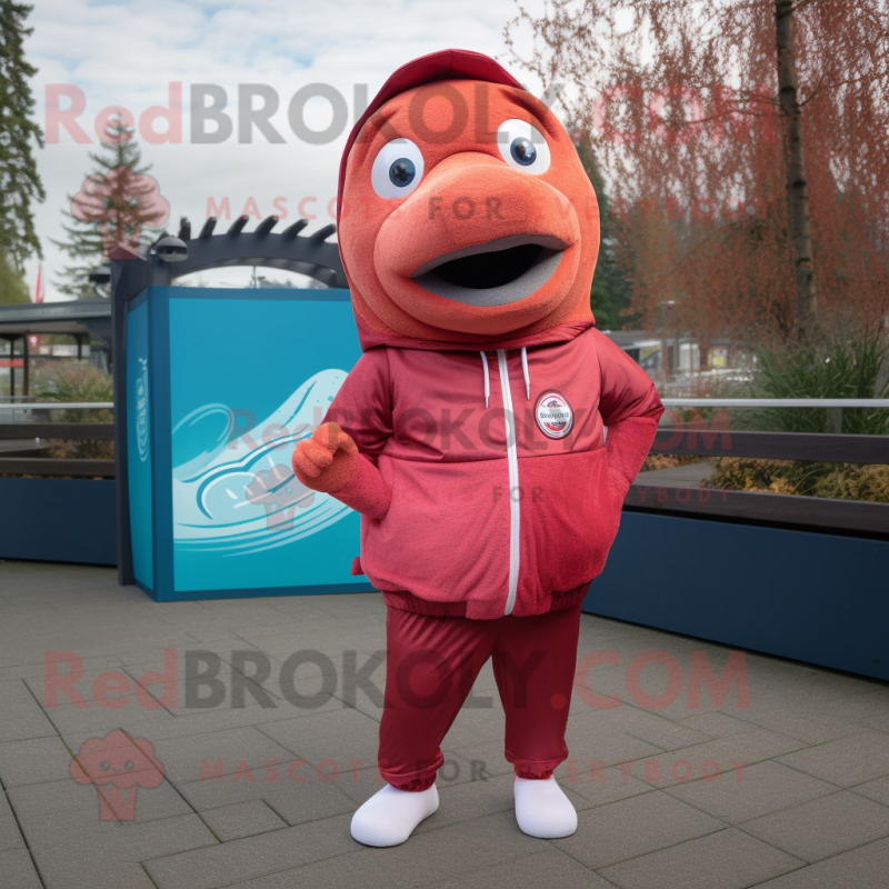 Maroon Salmon mascot costume character dressed with a Joggers and Earrings