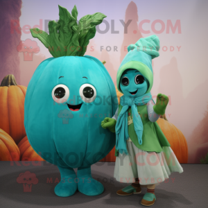 Turquoise Turnip mascot costume character dressed with a Shift Dress and Scarves