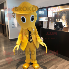 Gold Squid mascot costume character dressed with a Suit Jacket and Keychains