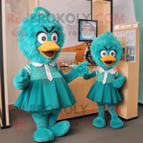 Teal Fried Chicken mascot costume character dressed with a Culottes and Coin purses