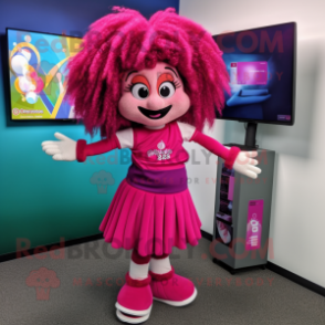 Magenta Juggle mascot costume character dressed with a Mini Skirt and Hair clips