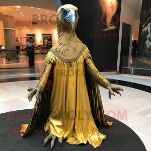 Gold Vulture mascot costume character dressed with a Empire Waist Dress and Shawl pins
