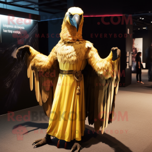 Gold Vulture mascot costume character dressed with a Empire Waist Dress and Shawl pins