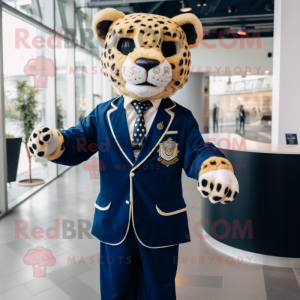 Navy Cheetah mascot costume character dressed with a Suit Jacket and Clutch bags