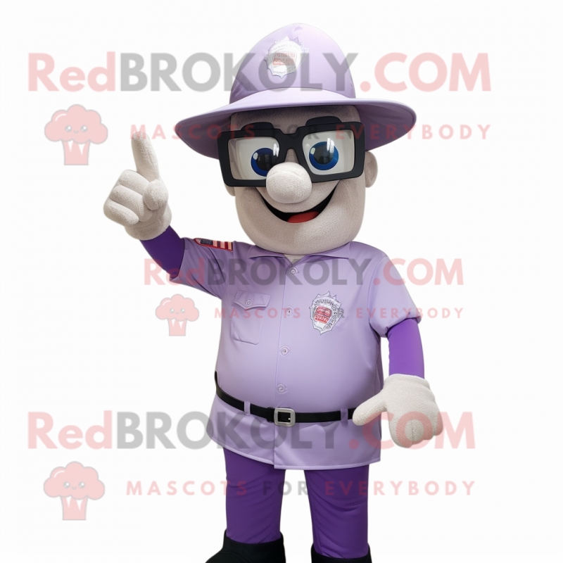 Lavender Fire Fighter mascot costume character dressed with a Long Sleeve Tee and Reading glasses