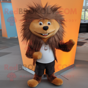 Rust Porcupine mascot costume character dressed with a V-Neck Tee and Tie pins
