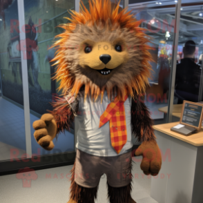 Rust Porcupine mascot costume character dressed with a V-Neck Tee and Tie pins