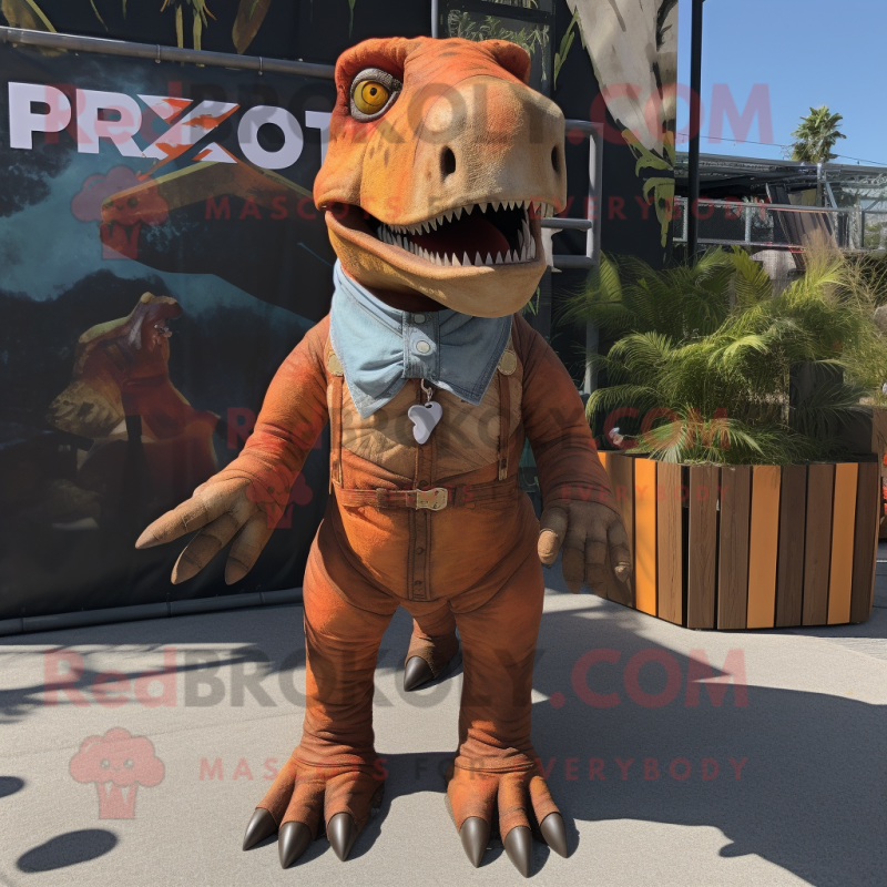 Rust T Rex mascot costume character dressed with a Romper and Necklaces