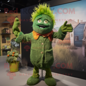 Green Scarecrow mascot costume character dressed with a Romper and Mittens