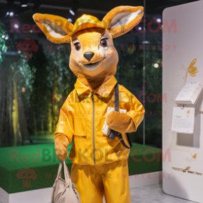 Tan Roe Deer mascot costume character dressed with a Raincoat and Coin purses