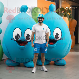 Cyan Meatballs mascot costume character dressed with a Tank Top and Hats