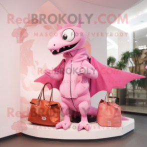 Pink Pterodactyl mascot costume character dressed with a Sweatshirt and Handbags