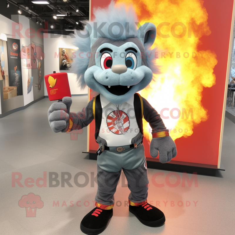 Gray Fire Eater mascot costume character dressed with a Suit Jacket and Backpacks