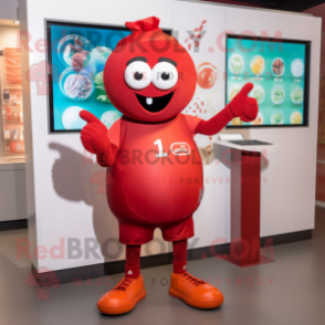 Red Meatballs mascot costume character dressed with a Capri Pants and Smartwatches