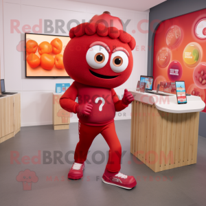 Red Meatballs mascot costume character dressed with a Capri Pants and Smartwatches