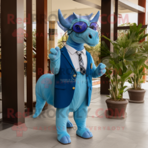 Blue Triceratops mascot costume character dressed with a Sheath Dress and Eyeglasses