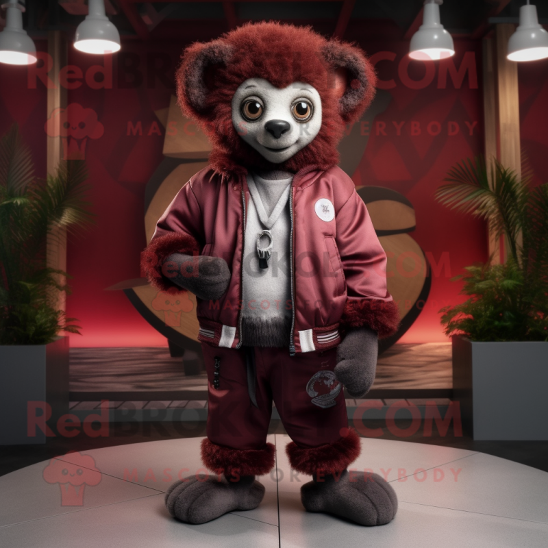 Maroon Lemur mascot costume character dressed with a Bomber Jacket and Shoe  laces - Mascot Costumes -  Sizes L (175-180CM)