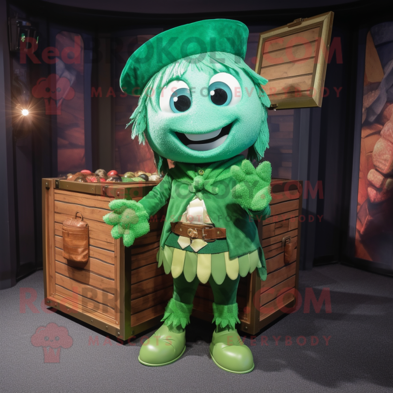 Green Treasure Chest mascot costume character dressed with a Mini Dress and Beanies