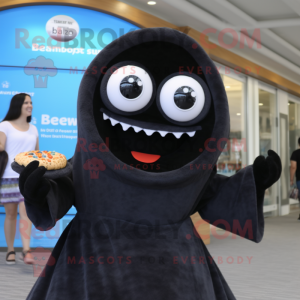 Black Bagels mascot costume character dressed with a One-Piece Swimsuit and Shawls