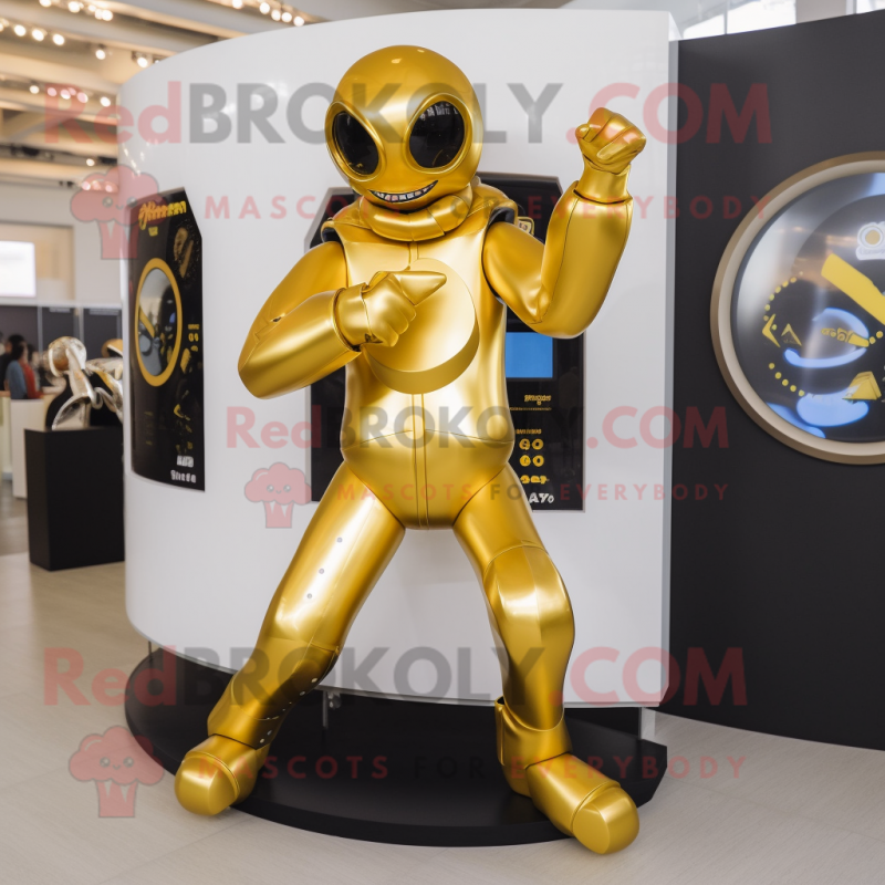 Gold Contortionist mascot costume character dressed with a Jacket and Smartwatches