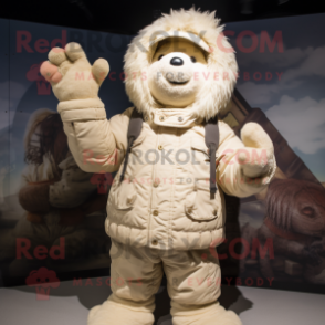 Cream Scarecrow mascot costume character dressed with a Bomber Jacket and Mittens