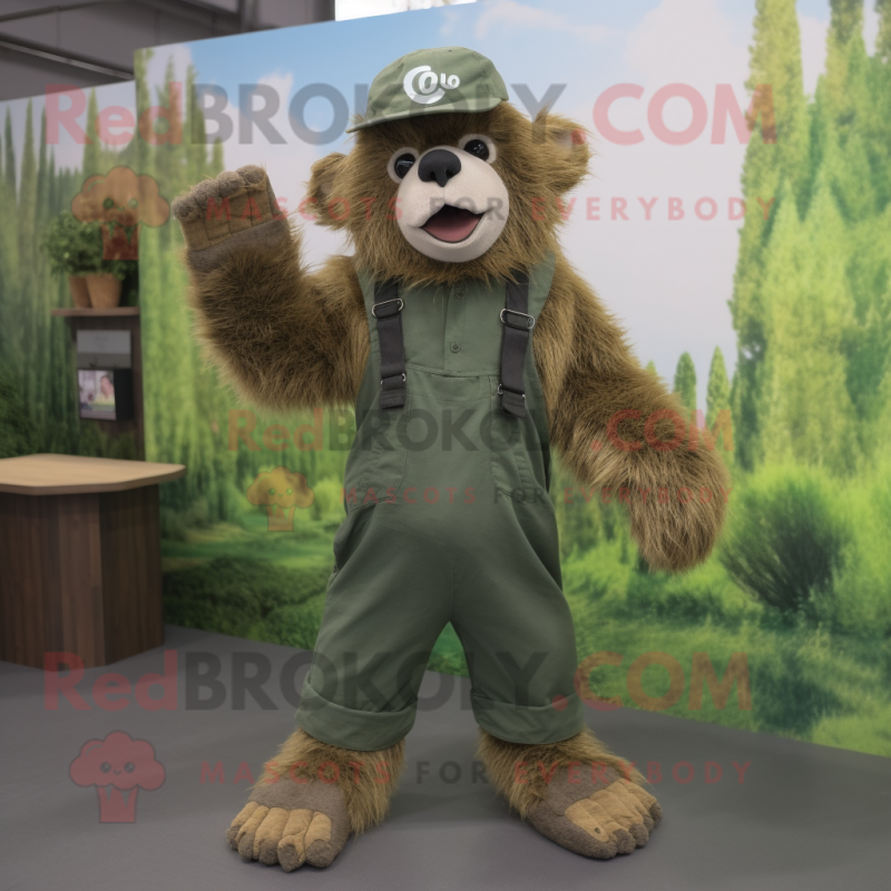 Olive Sloth Bear mascot costume character dressed with a Overalls and Beanies