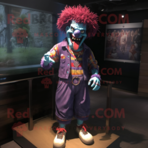 Purple Evil Clown mascot costume character dressed with a Denim Shorts and Bracelets