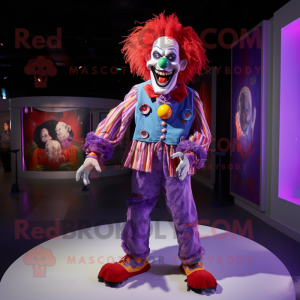 Purple Evil Clown mascot costume character dressed with a Denim Shorts and Bracelets