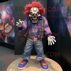 Purple Evil Clown mascot costume character dressed with a Denim Shorts and Bracelets